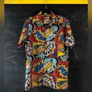 Men’s button up Comic Print Shirt Oh Snap Drill Clothing Size M.